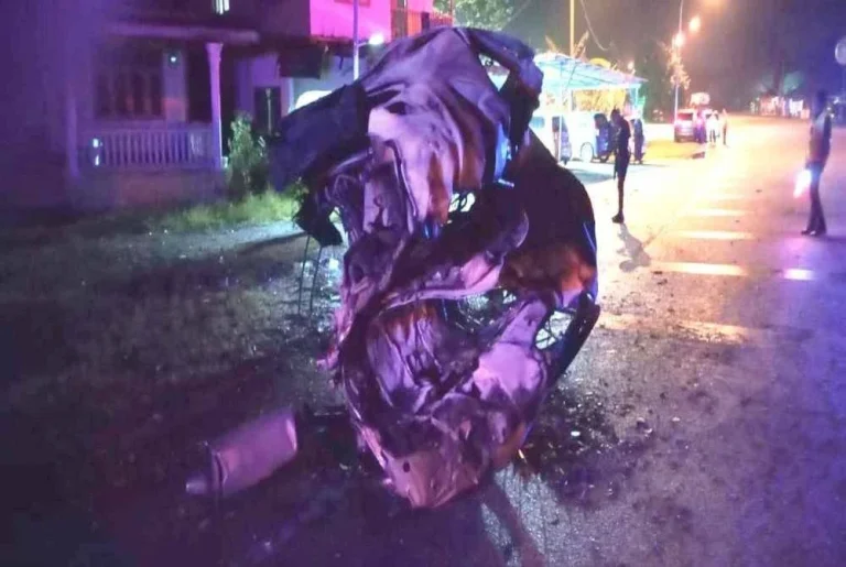 MPV terbakar selepas terbabas langgar pokok, pemandu maut tercampak
