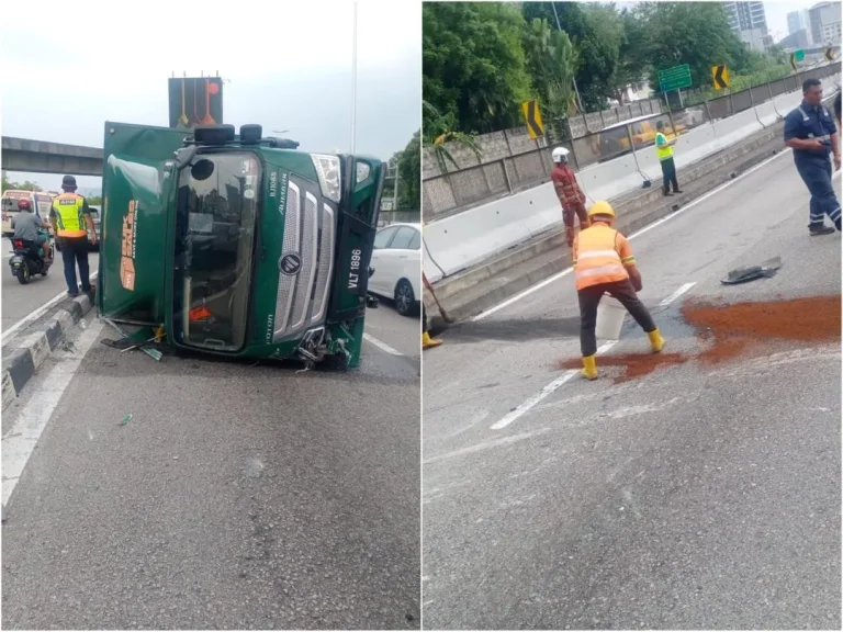 Lori terbalik di LDP, tumpahan minyak jejaskan laluan