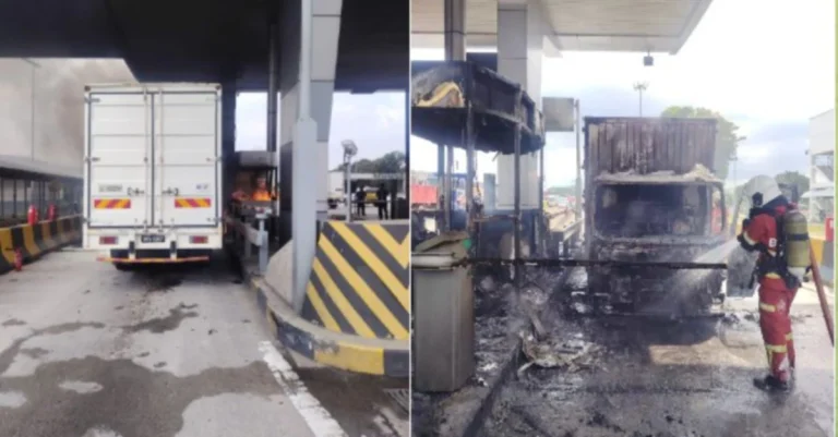 Lori muatan cat terbakar melarat ke pondok tol