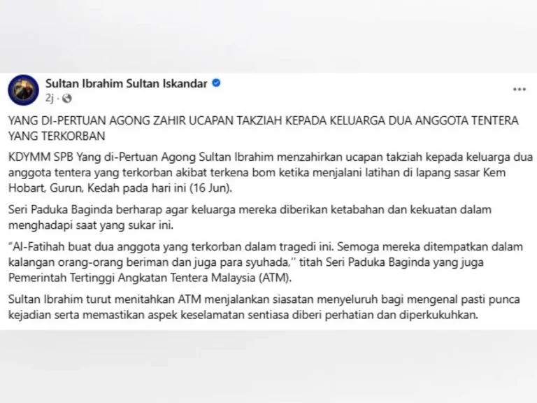 Agong zahir takziah dua anggota tentera maut latihan letupan bom grenad