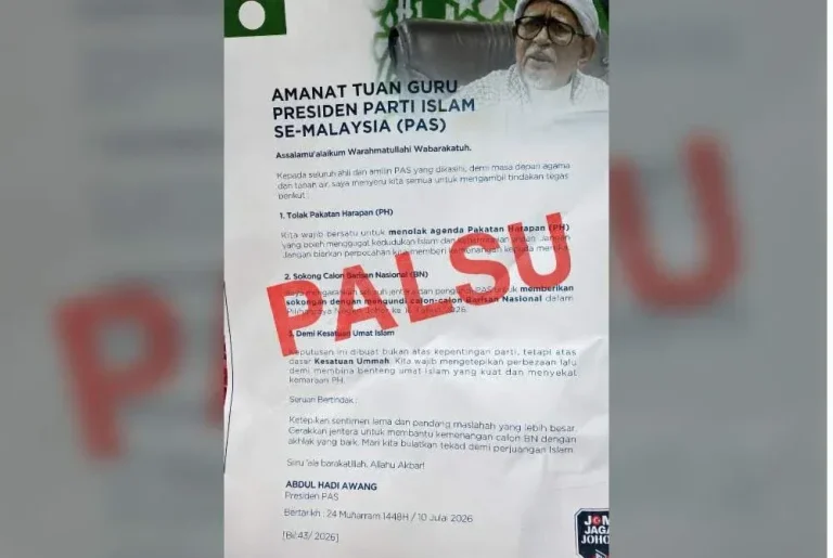 Risalah Presiden Pas minta pengundi tolak calon PH, sokong BN palsu